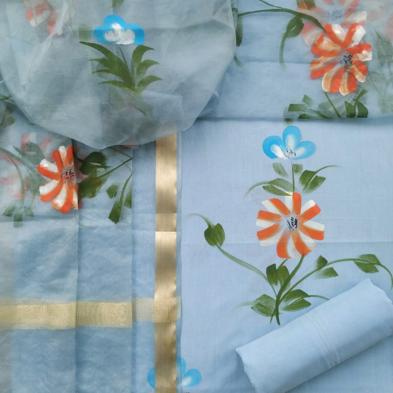 Shop unstitched cotton suit sets with organza dupatta online (ORG211)