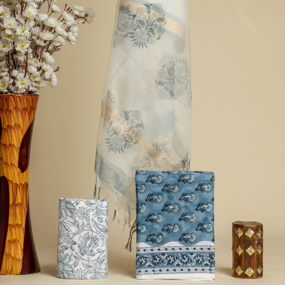 Shop hand block print cotton suit sets with organza dupatta (ORG217)