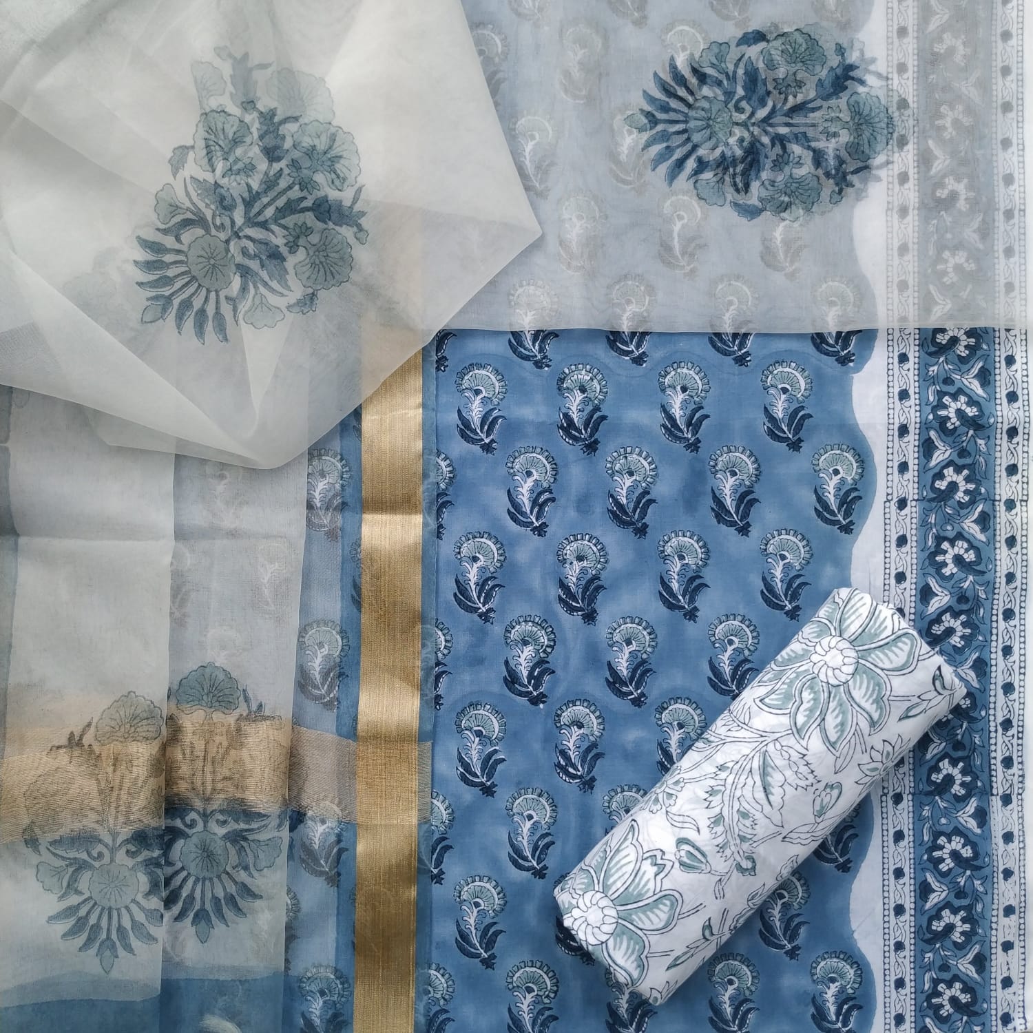 Shop hand block print cotton suit sets with organza dupatta (ORG217)