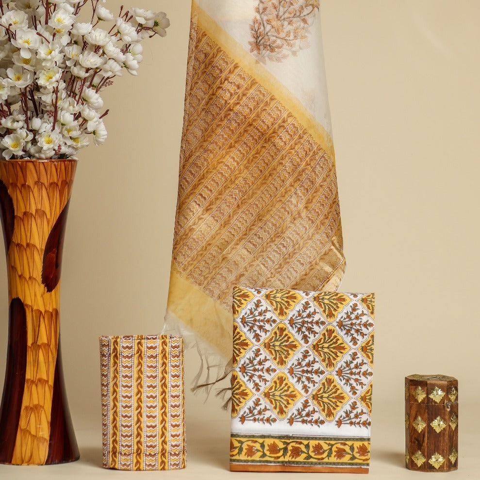 Shop unstitched cotton suit material with organza dupatta (ORG219)