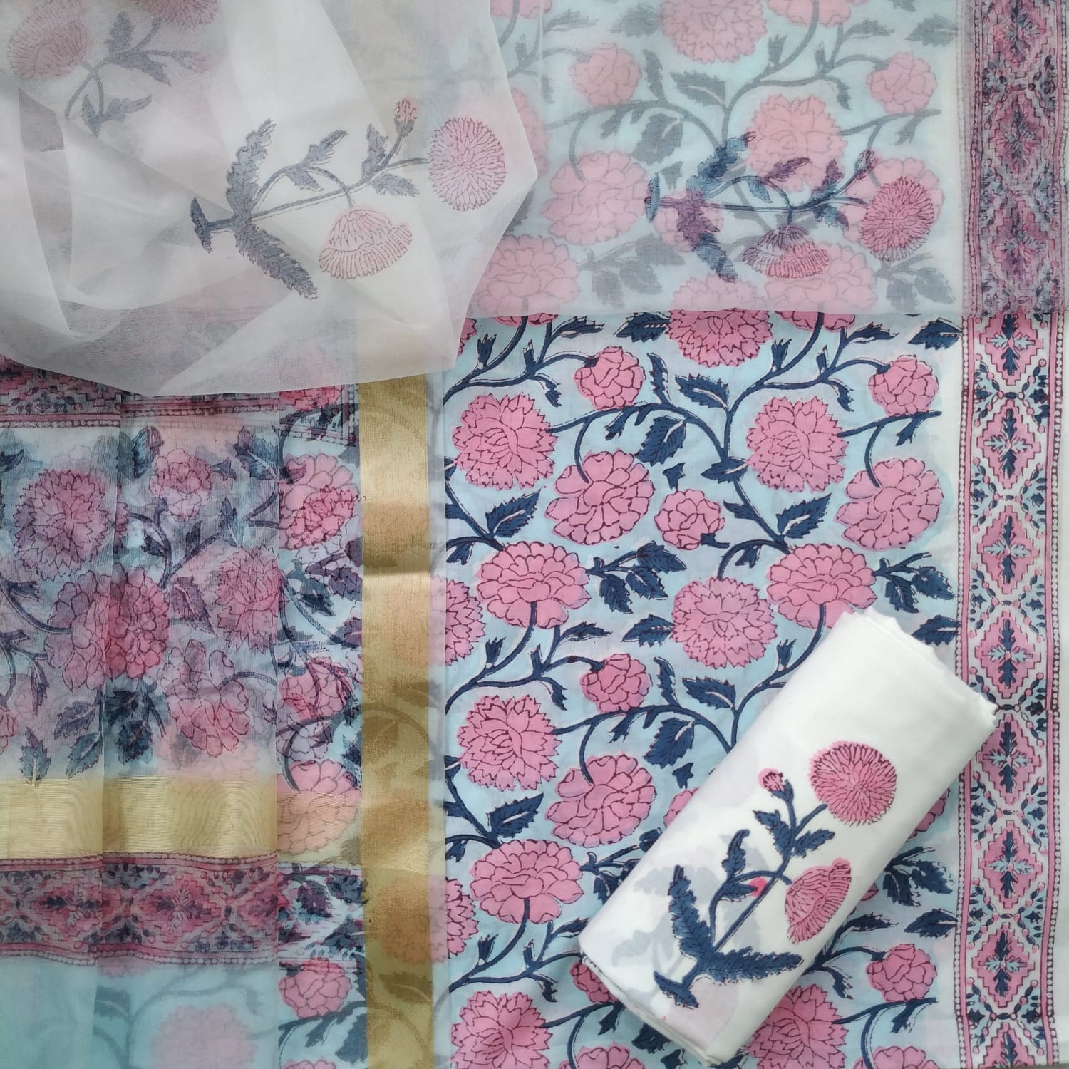 Shop cotton suit material with organza dupatta in jaipur (ORG221)