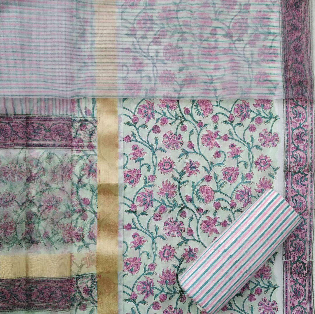 Shop hand block print cotton suit sets with organza dupatta in jaipur (ORG222)