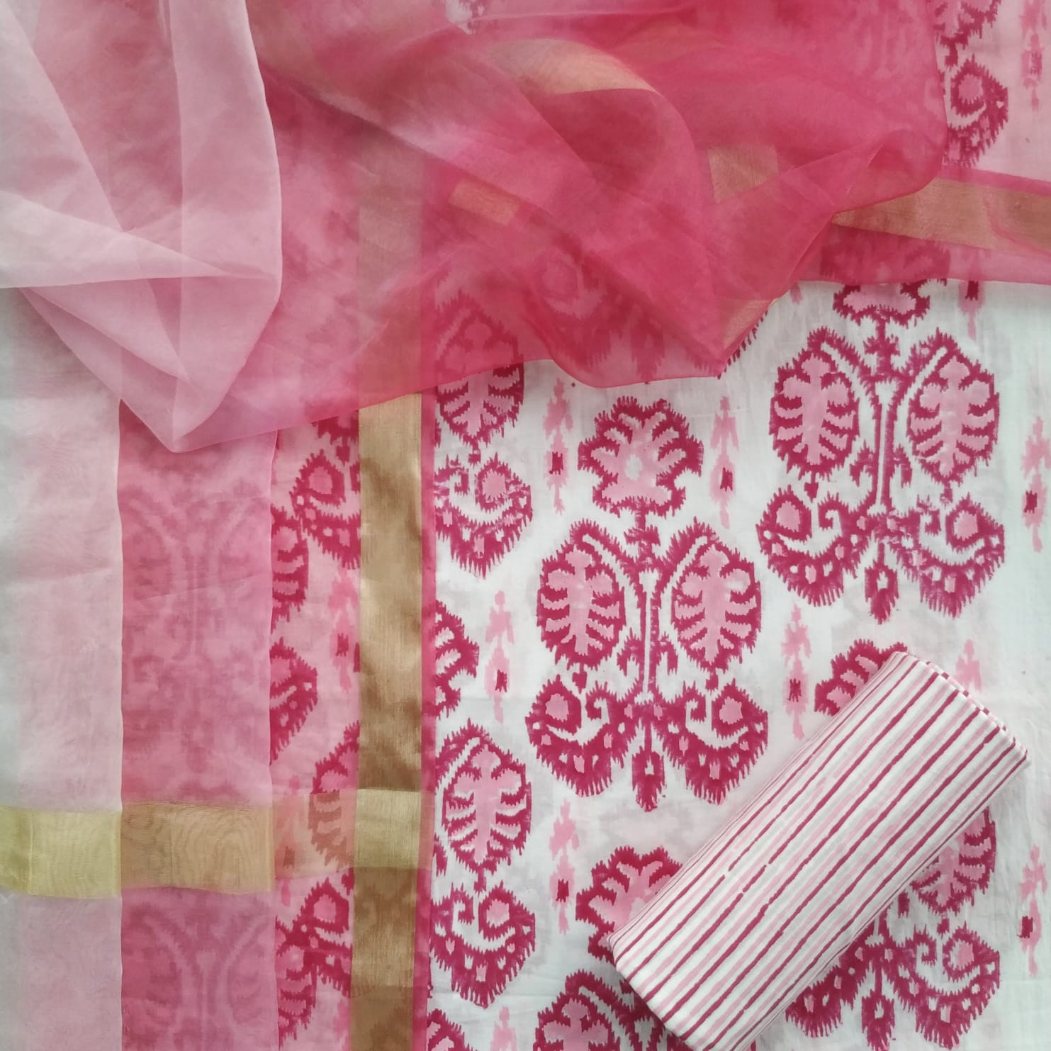 Shop unstitched cotton suit sets with organza dupatta (ORG223)