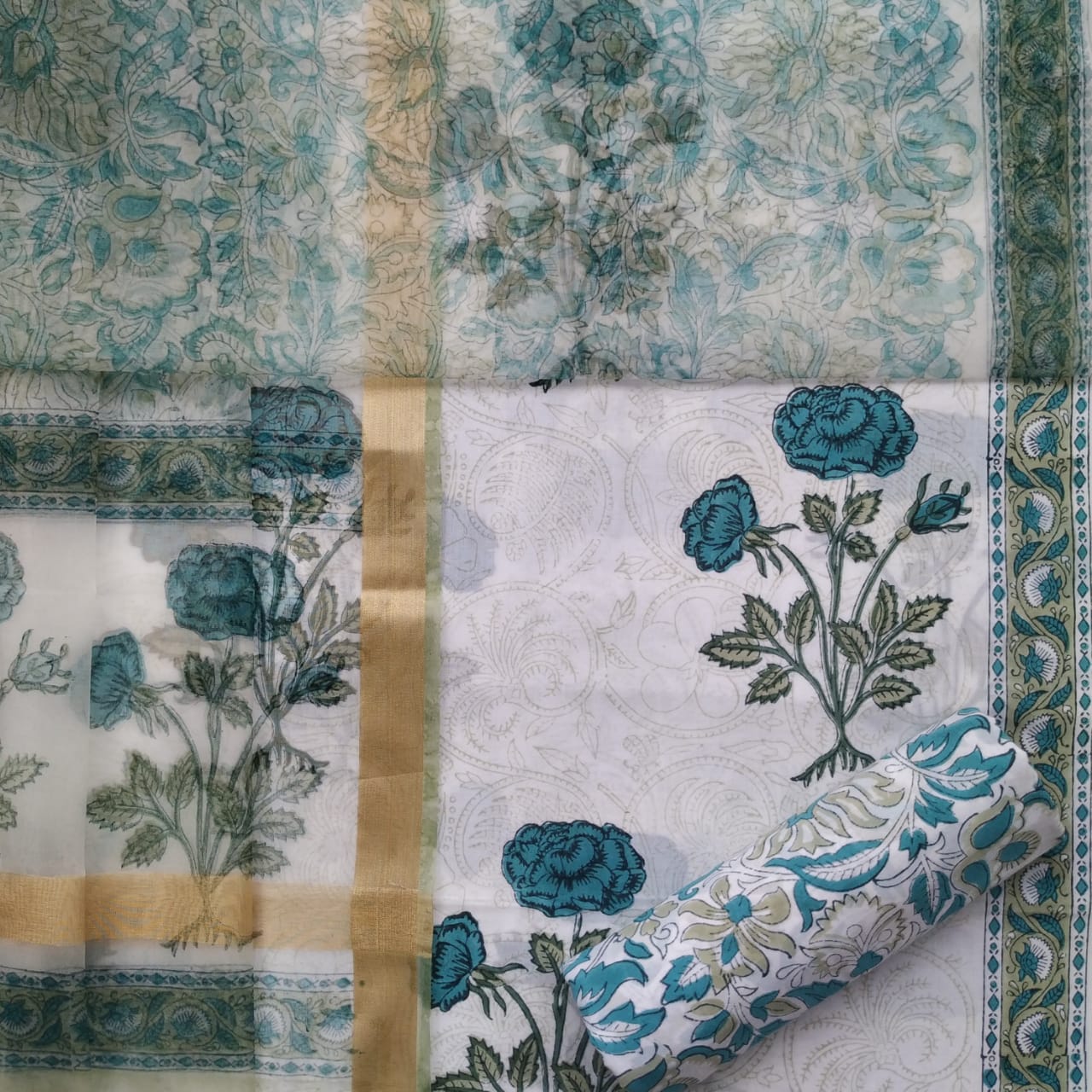 Shop hand block print cotton suit sets with organza dupatta (ORG231)