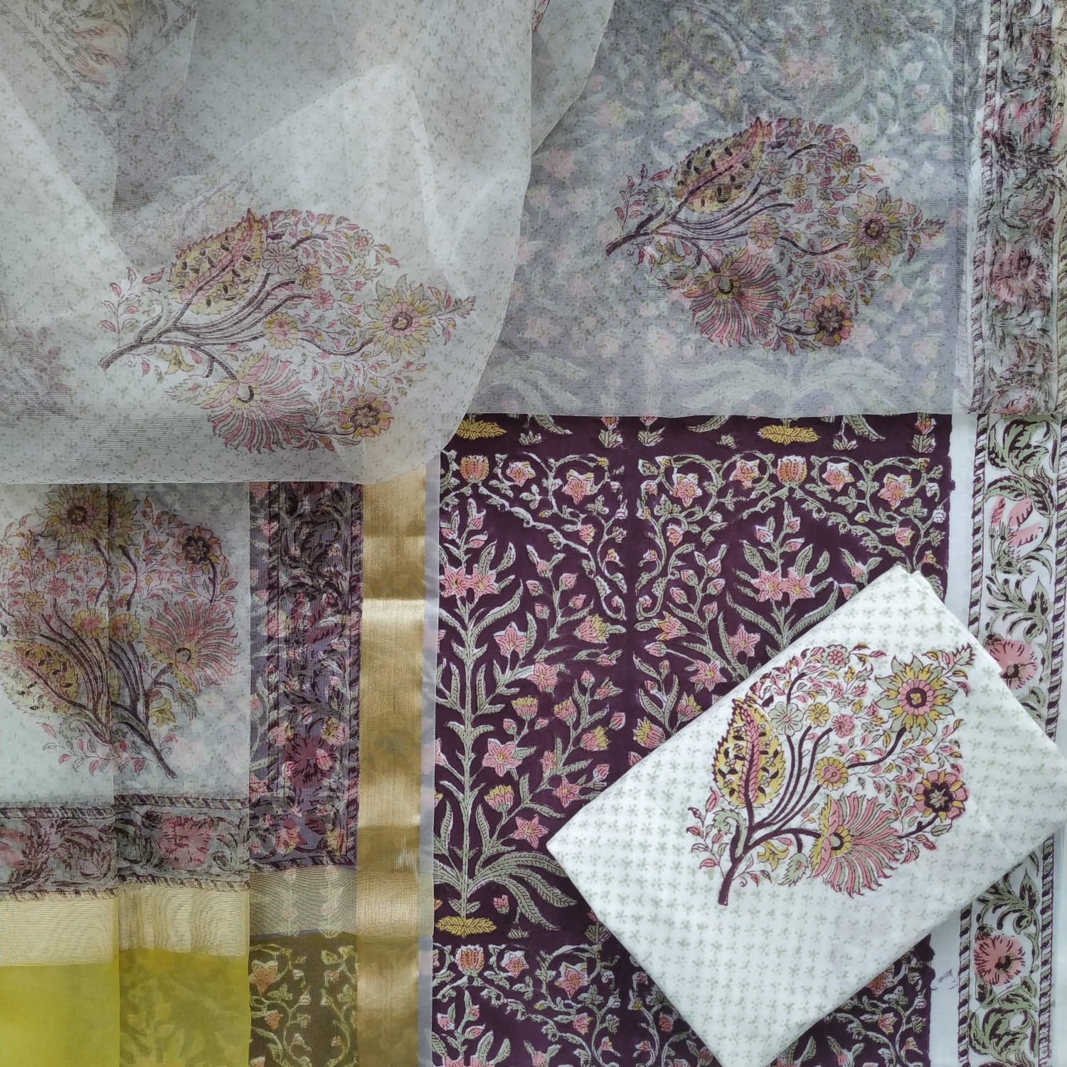 Shop organza dupatta block printed cotton suit material (ORG234)