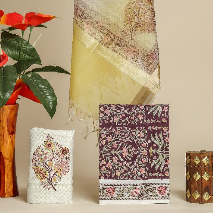 Shop organza dupatta block printed cotton suit material (ORG234)