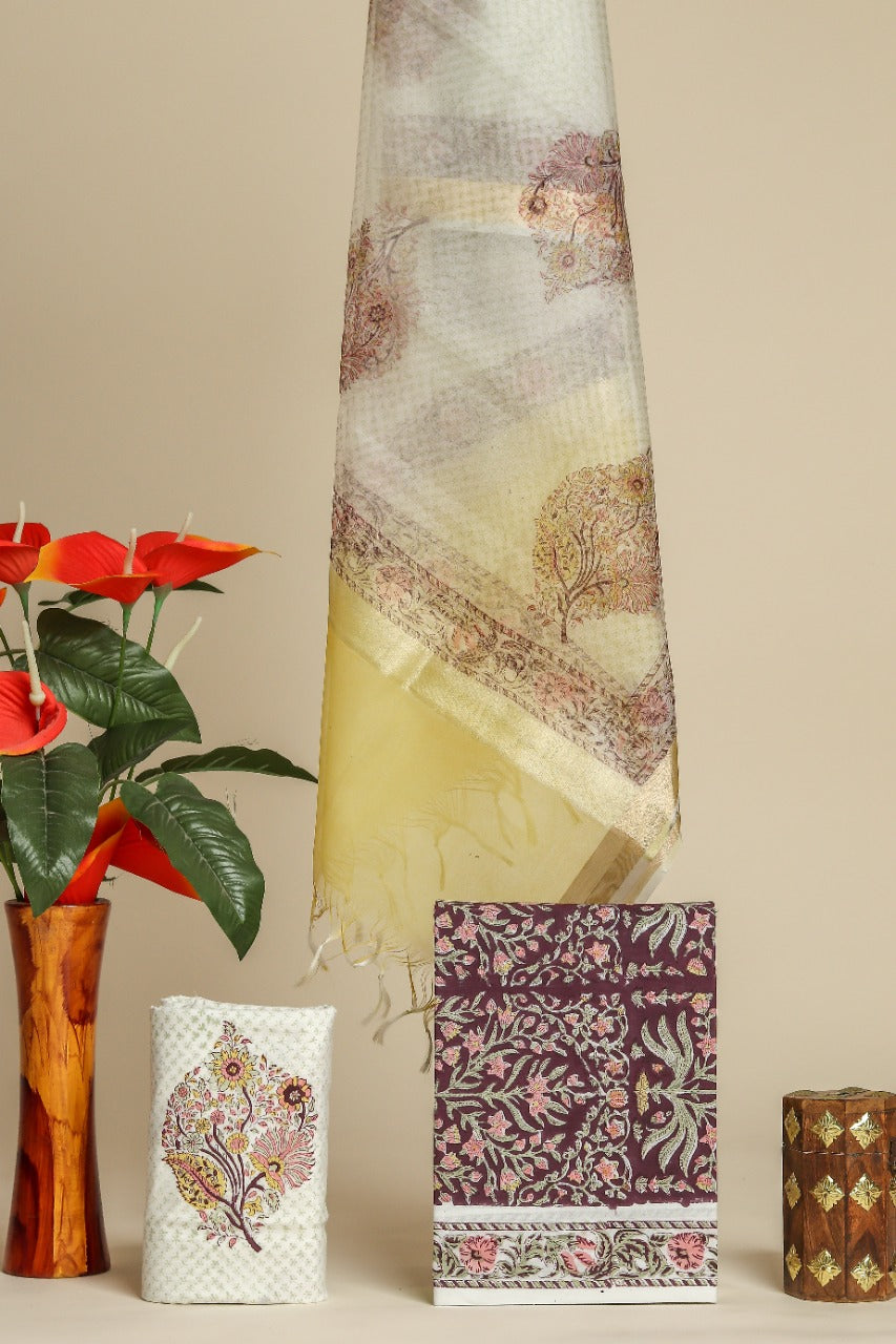 Shop organza dupatta block printed cotton suit material (ORG234)