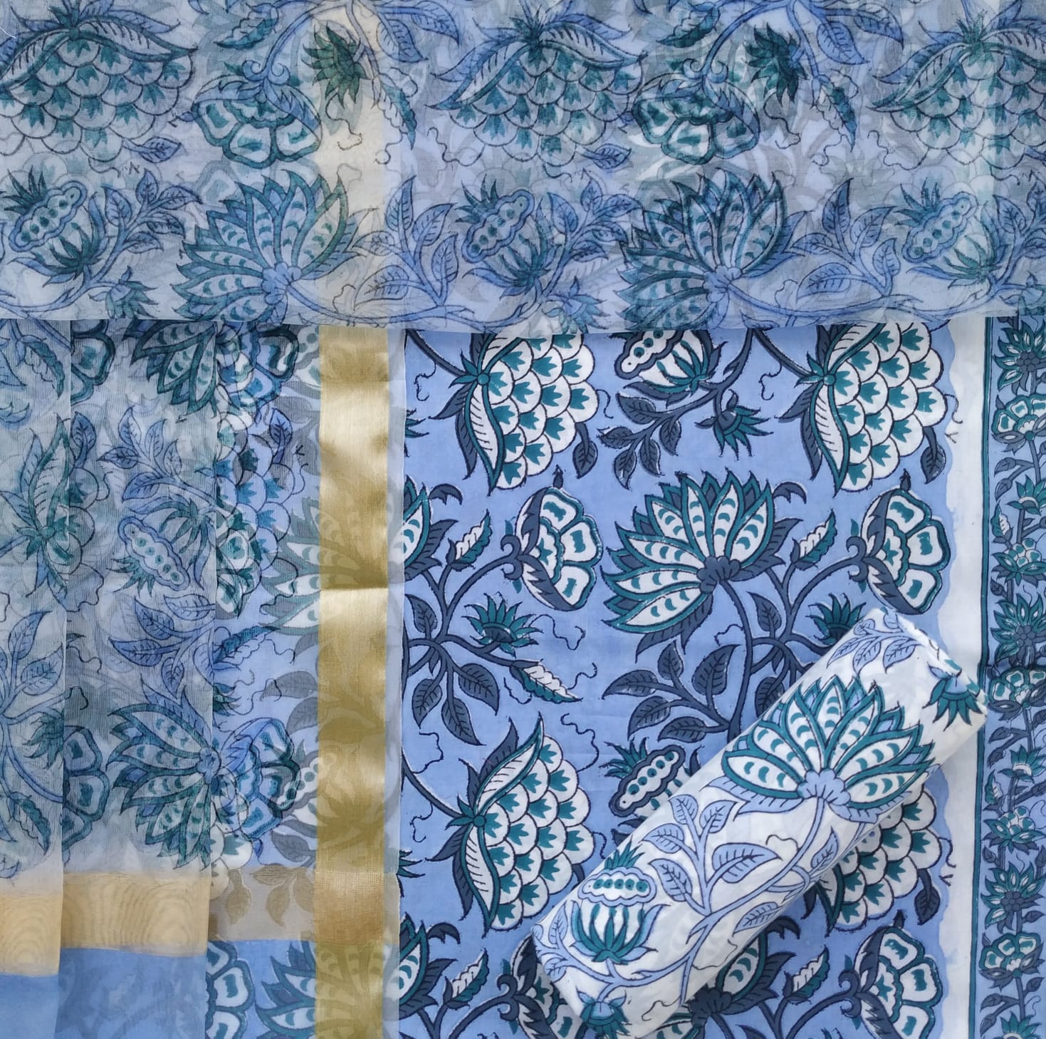 Shop unstitched hand block print cotton suit set with organza dupatta (ORG236)