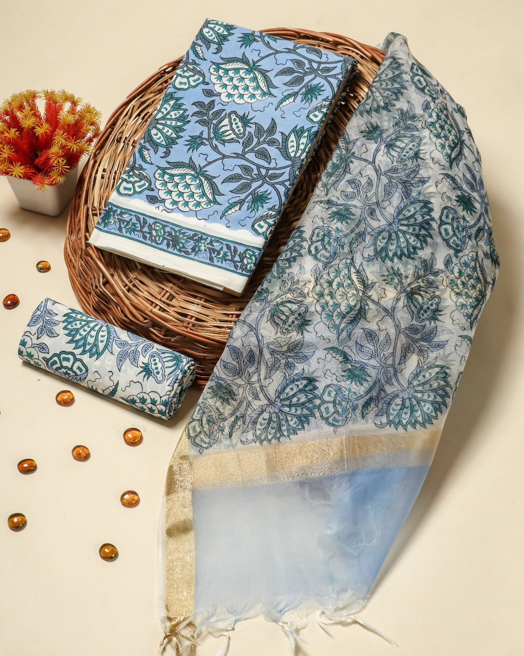 Shop unstitched hand block print cotton suit set with organza dupatta (ORG236)