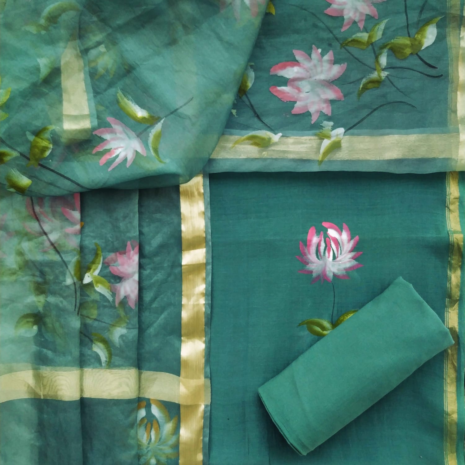 Shop unstitched hand block print cotton suit set with organza dupatta (ORG238)