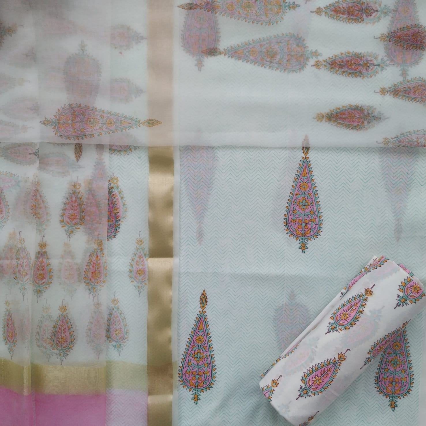 Shop unstitched cotton suit sets with organza dupatta (ORG243)