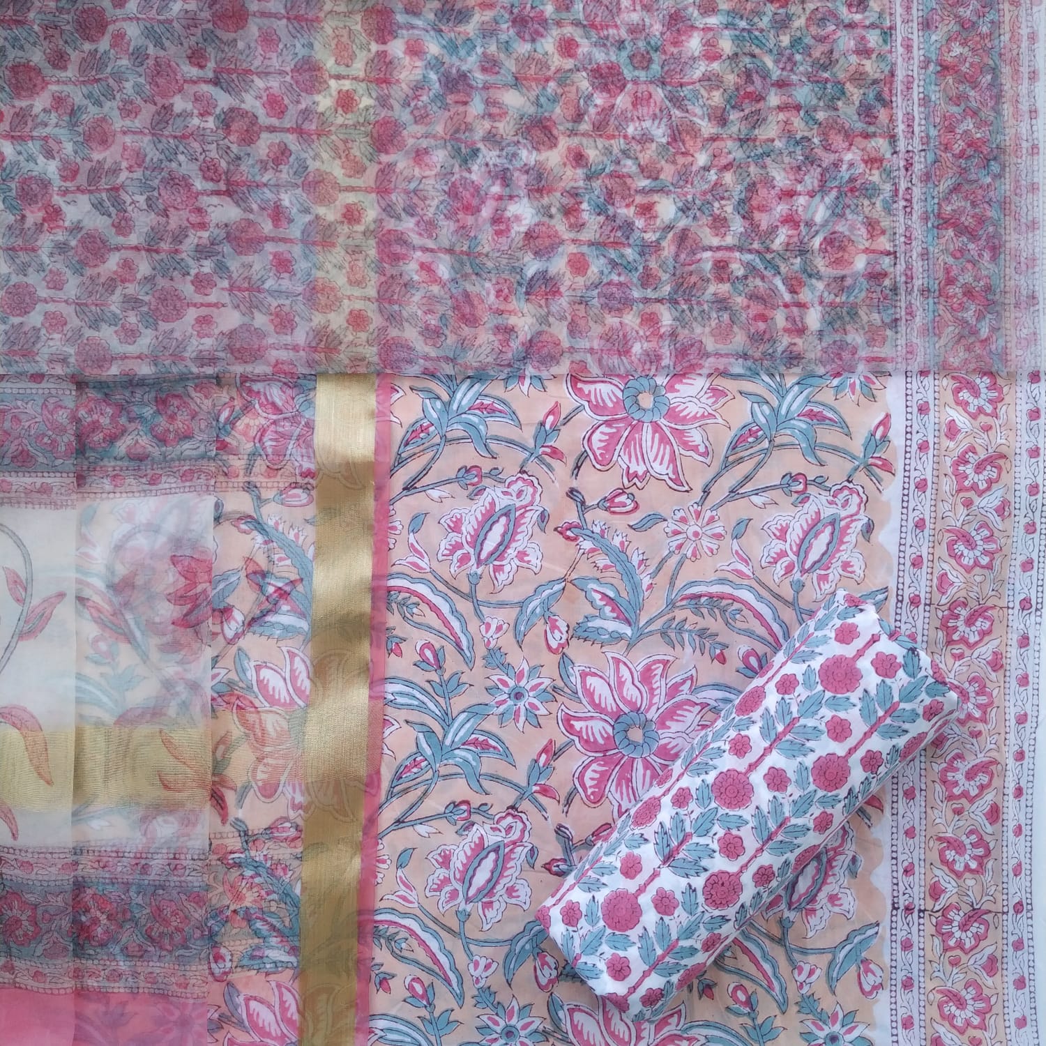 Shop unstitched cotton suit set with organza dupatta online (ORG246)