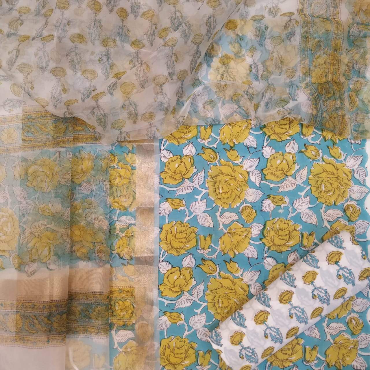 Elegant Hand Block Print Suit with Organza Dupatta (ORG25) - ShalviFashion