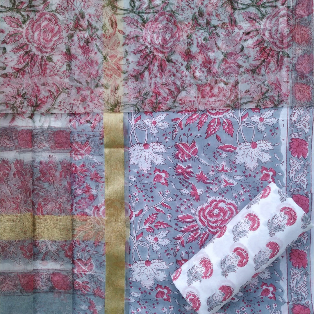 Shop jaipuri print cotton suits with organza dupatta (ORG258)
