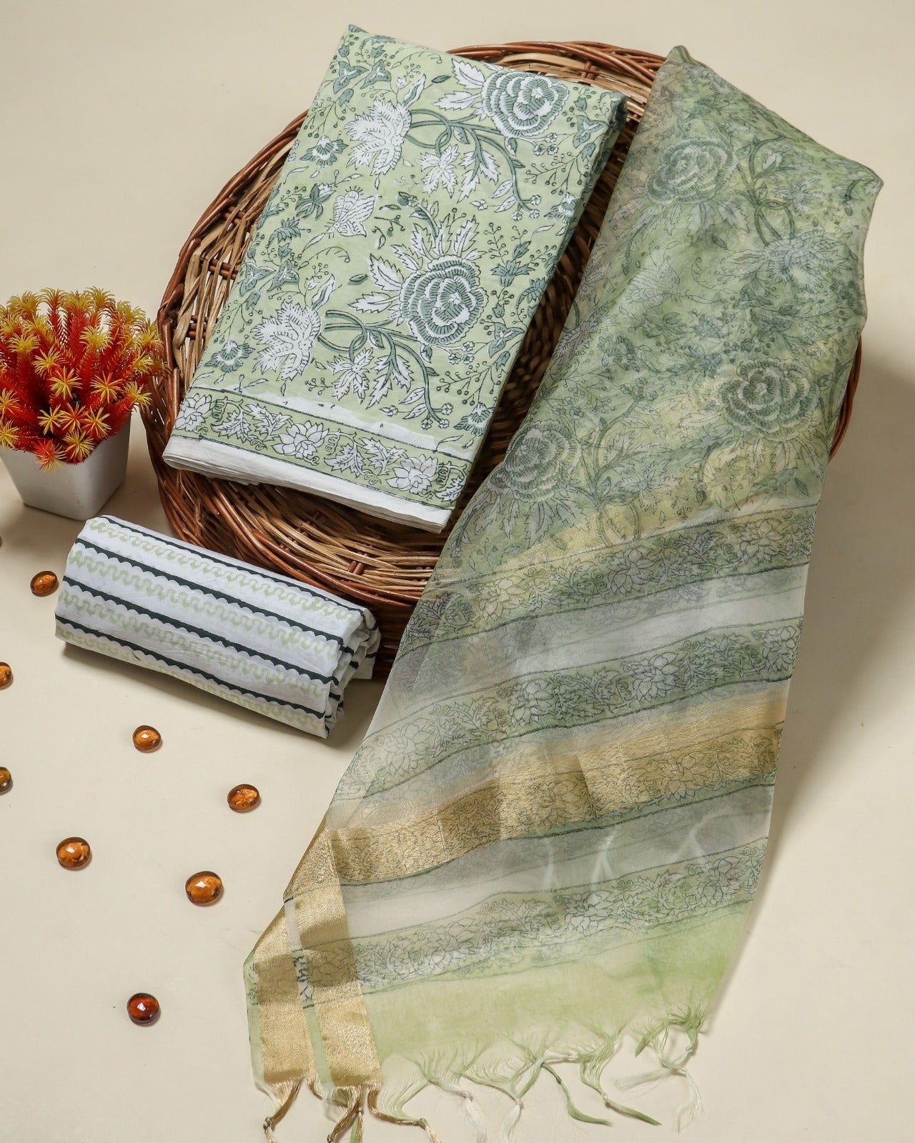 Shop unstitched cotton suit sets with organza dupatta (ORG262)