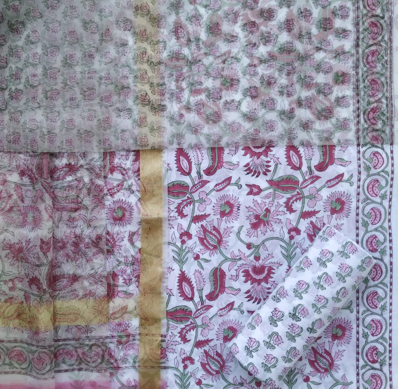 Shop block print cotton suit set with organza dupatta (ORG263)