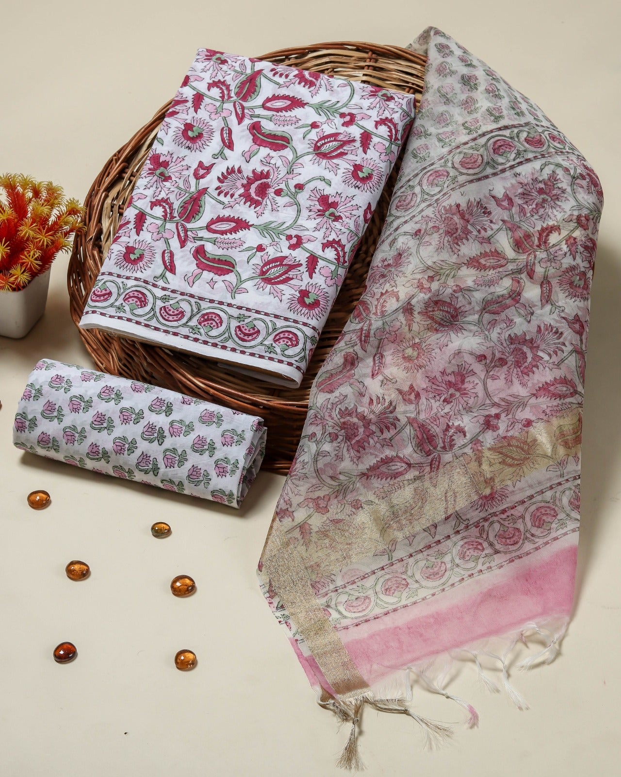 Shop block print cotton suit set with organza dupatta (ORG263)