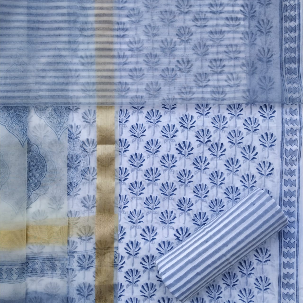 Shop hand block print cotton suits with organza dupatta (ORG265)