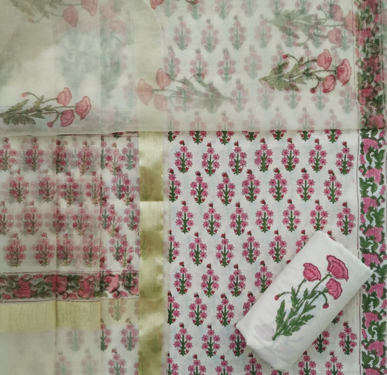 Shop hand block print cotton suit set with organza dupatta (ORG267)