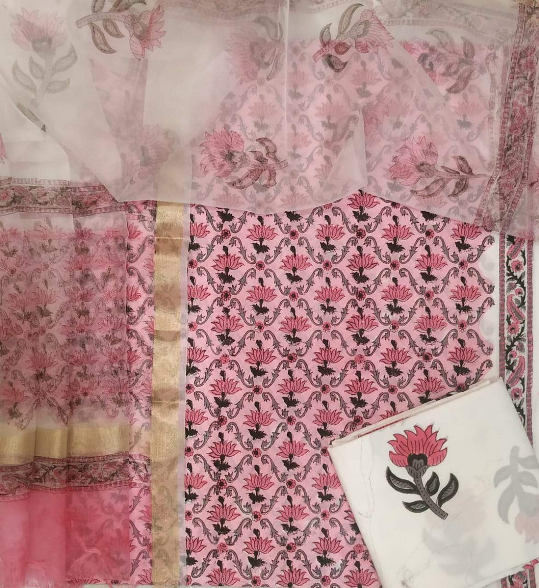 Traditional Floral Print Cotton Suit with Organza Dupatta (ORG26) - ShalviFashion