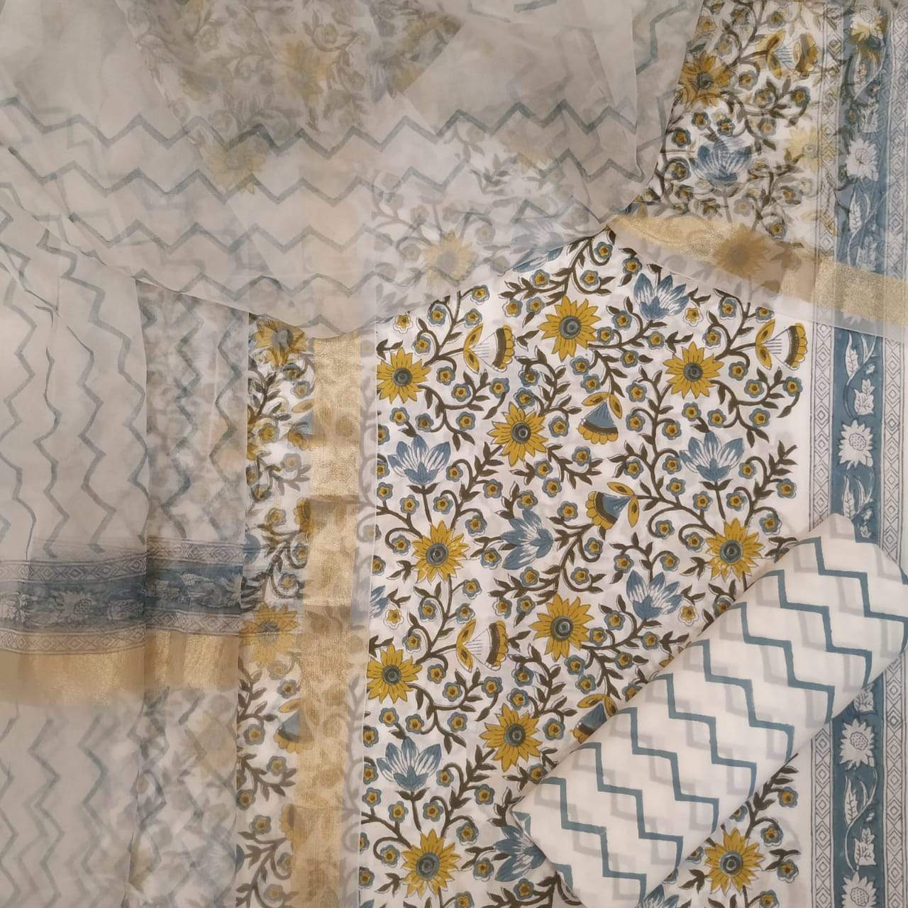 Elegant Hand Block Print Cotton Suit with Organza Dupatta (ORG27) - ShalviFashion