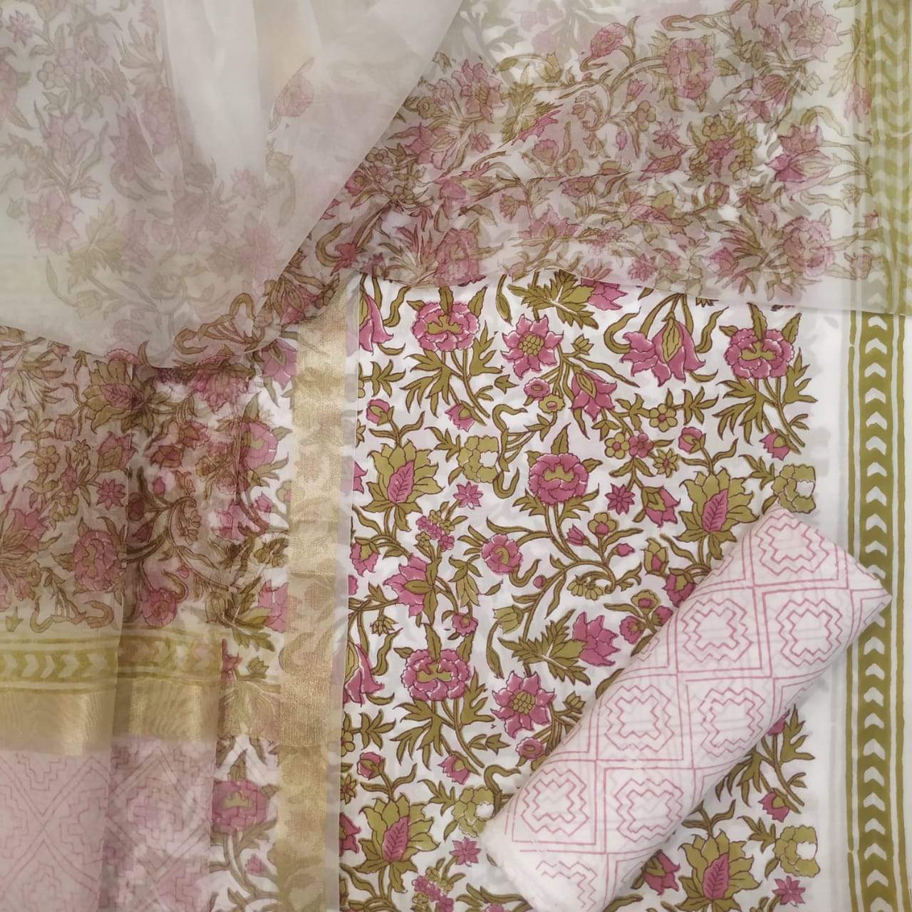 Elegant Hand Block Print Cotton Suit with Organza Dupatta (ORG28) - ShalviFashion
