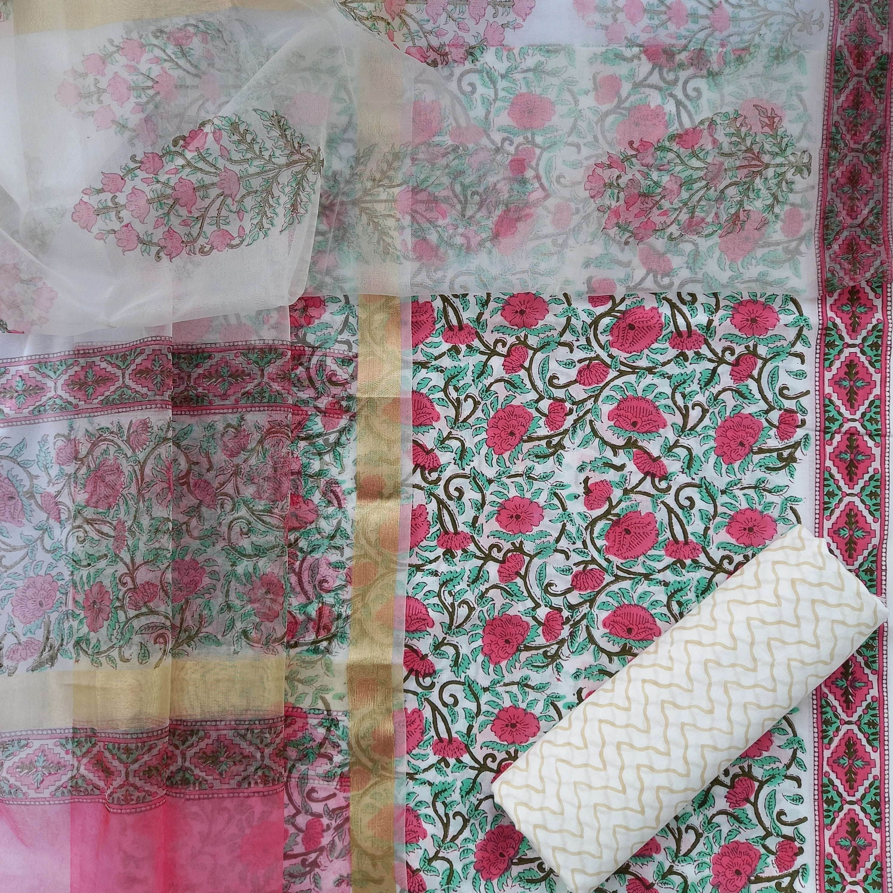 Designer Hand Block Print Cotton Suit with Organza Dupatta (ORG32) - ShalviFashion