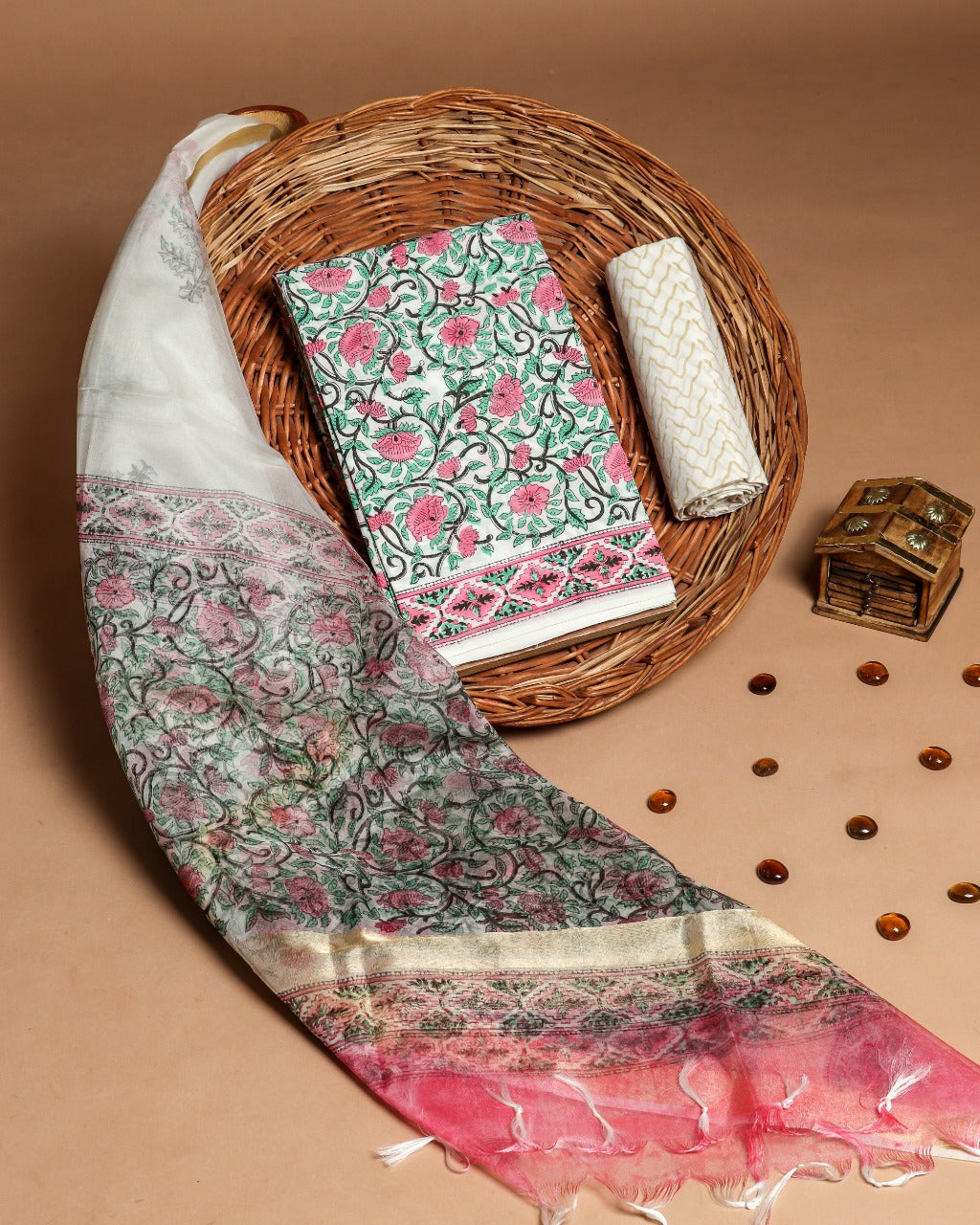 Designer Hand Block Print Cotton Suit with Organza Dupatta (ORG32) - ShalviFashion