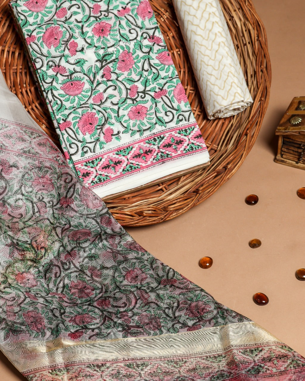 Designer Hand Block Print Cotton Suit with Organza Dupatta (ORG32) - ShalviFashion