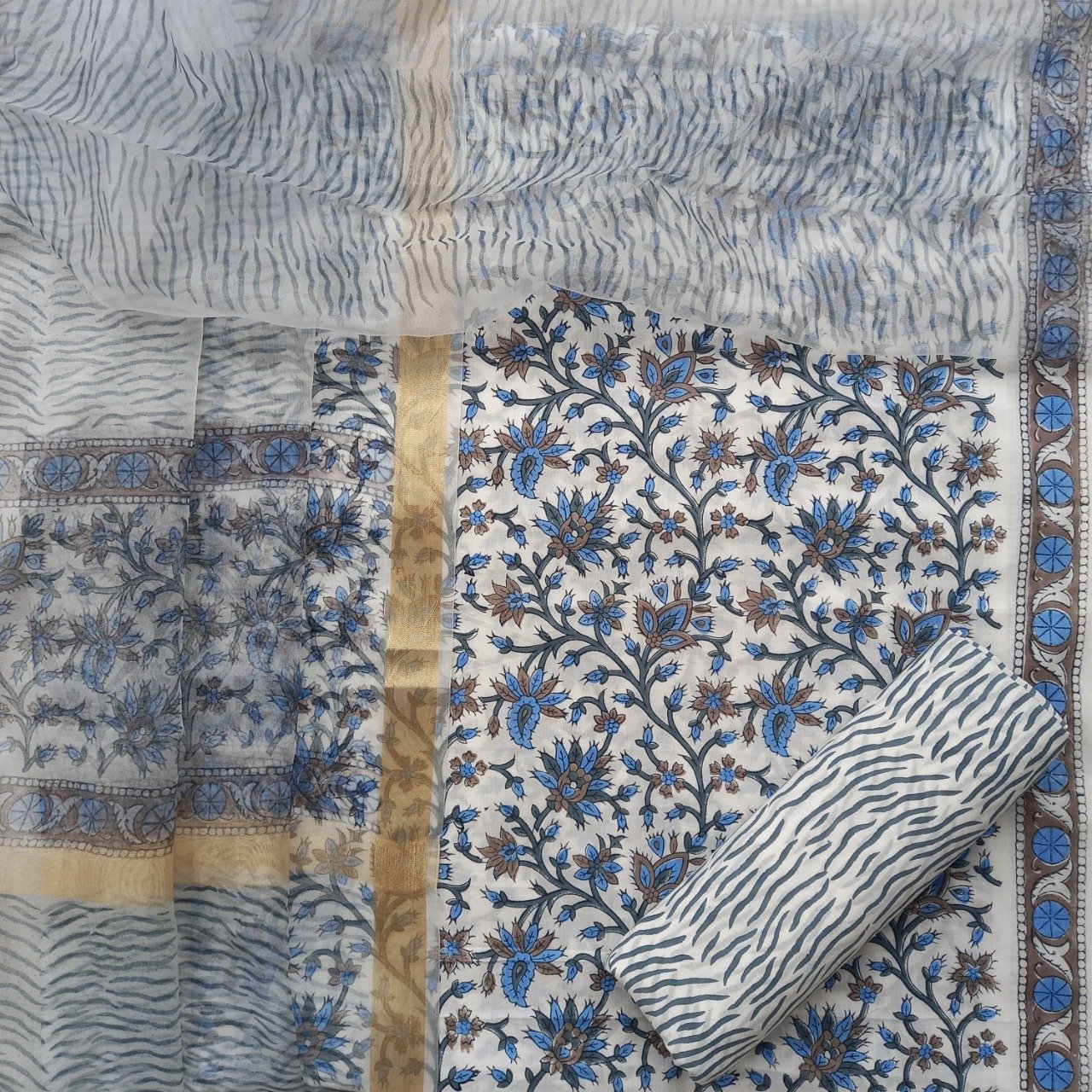 Shop Unstitched Hand Block Print Cotton Suits with Organza Dupatta (ORG34)