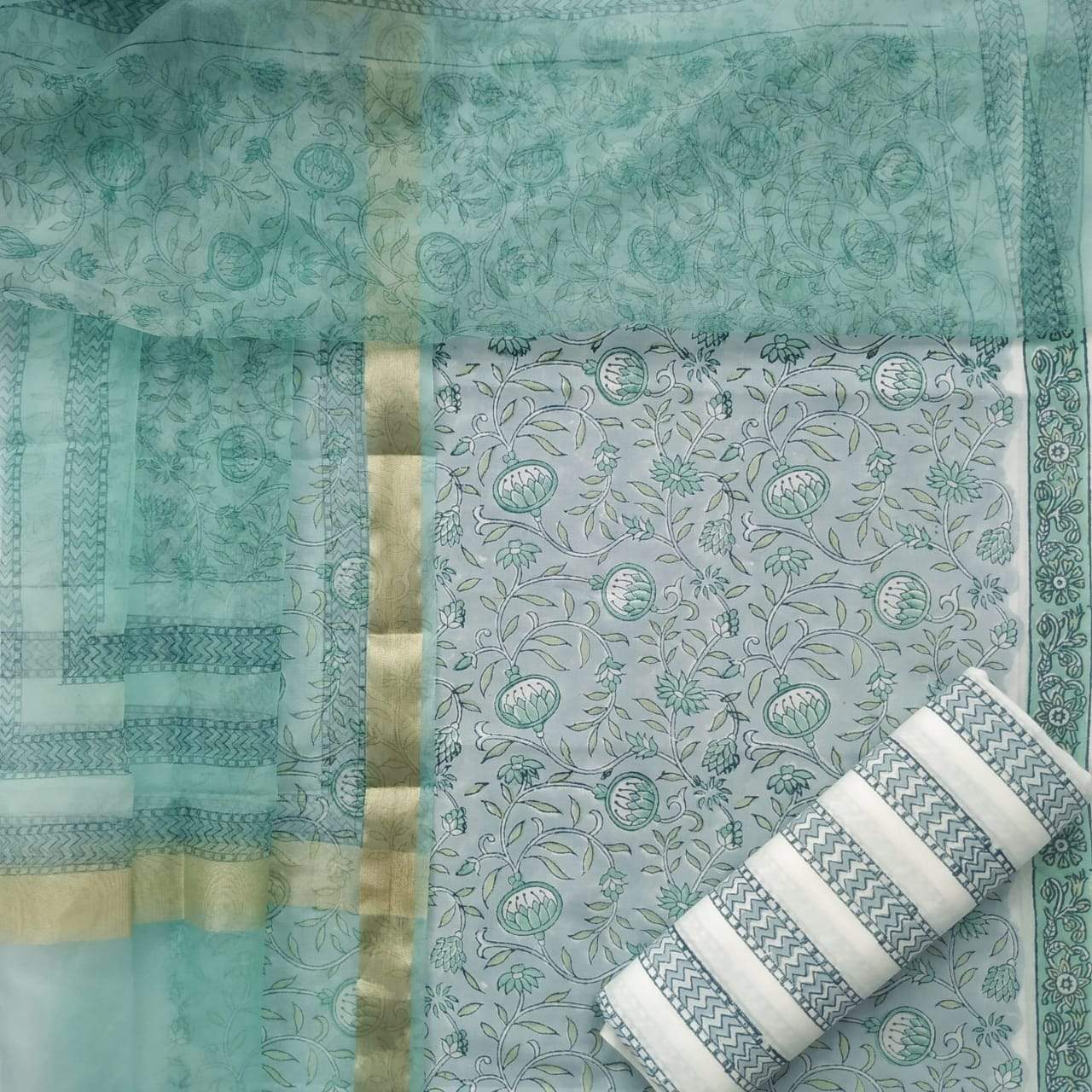 Shop Unstitched Hand Block Print Cotton Suits with Organza Dupatta (ORG35)