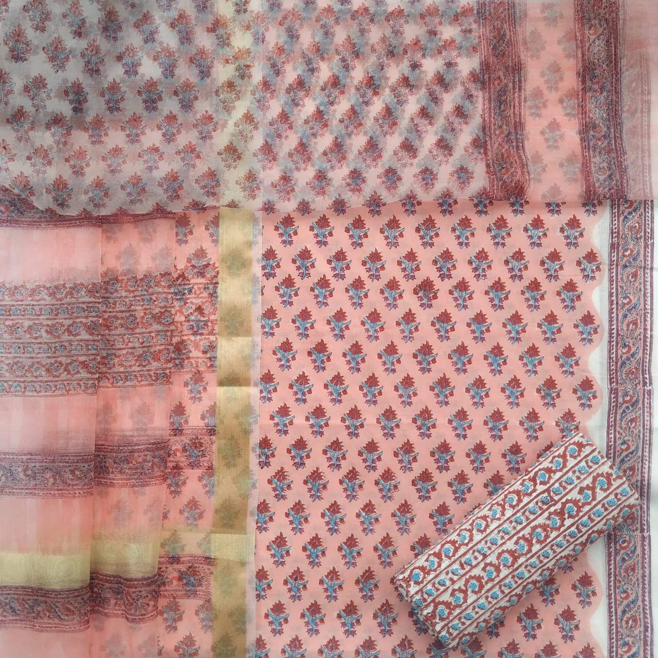 Shop Unstitched Hand Block Print Cotton Suit Material online with Organza Dupatta (ORG37)