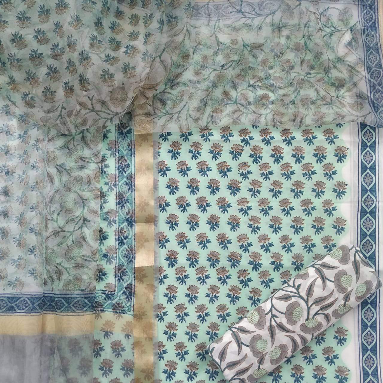 Shop Unstitched Hand Block Print Cotton Suits online with Organza Dupatta (ORG38)