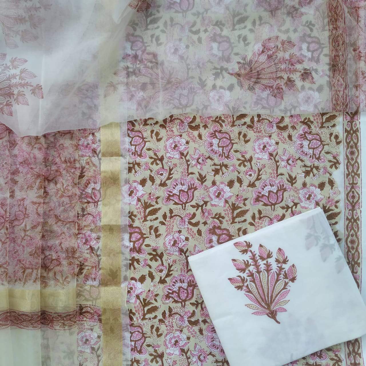 Shop Unstitched Hand Block Print Cotton Suits with Organza Dupatta (ORG39)