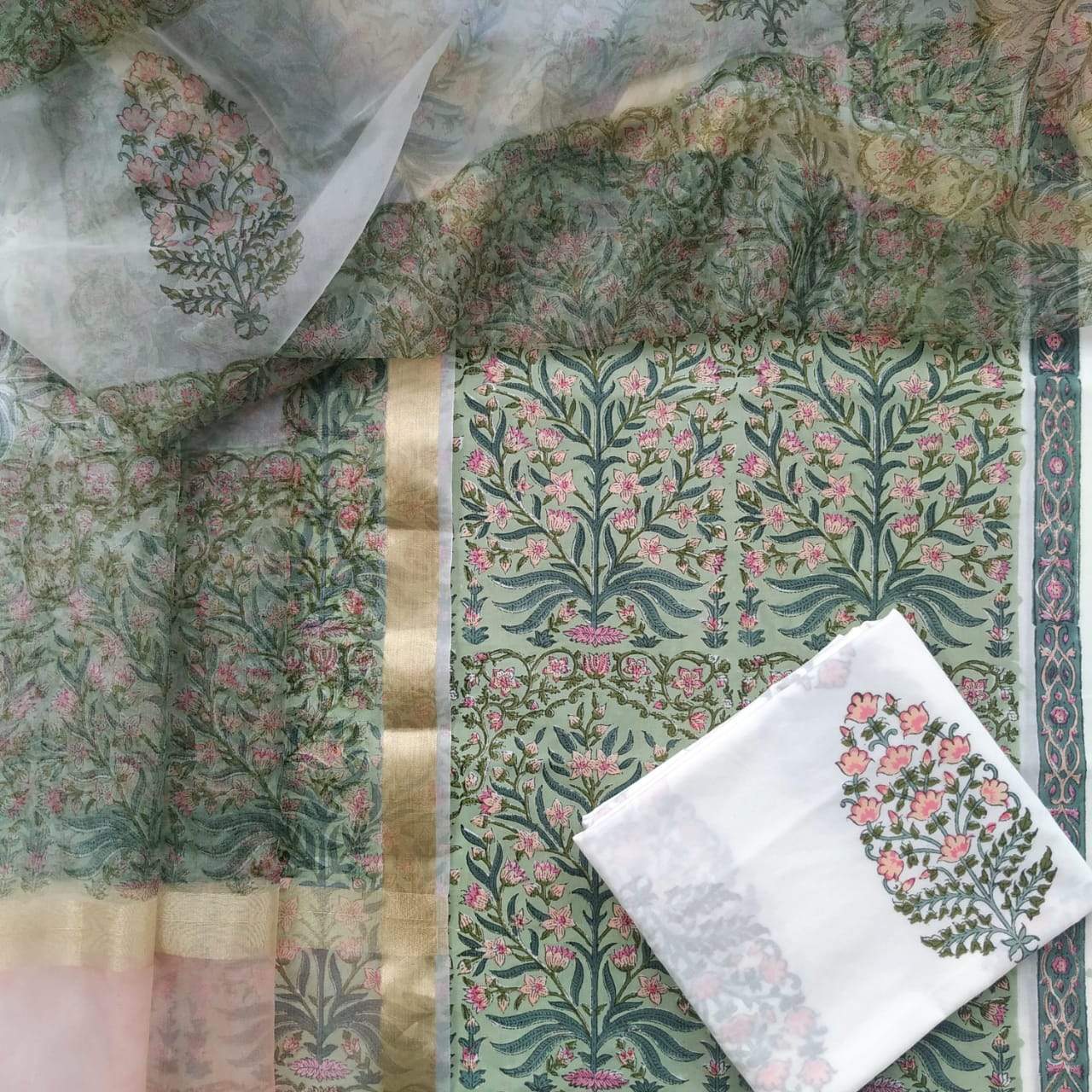 Shop Unstitched Hand Block Print Cotton Suits with Organza Dupatta (ORG41)