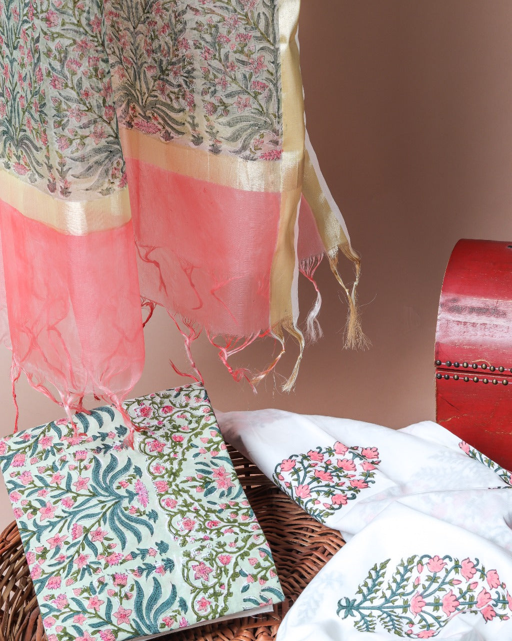 Shop Unstitched Hand Block Print Cotton Suits with Organza Dupatta (ORG41)