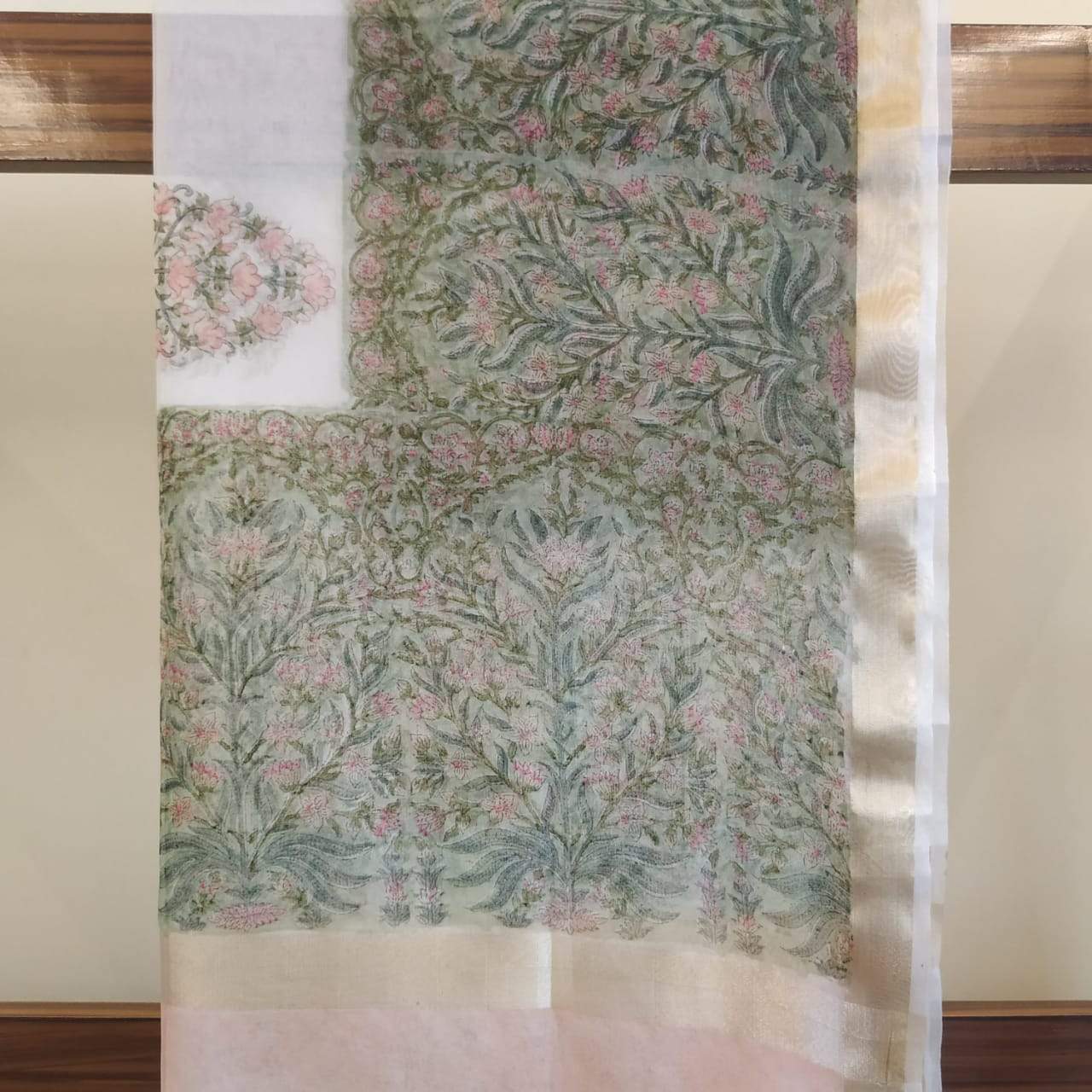 Shop Unstitched Hand Block Print Cotton Suits with Organza Dupatta (ORG41)