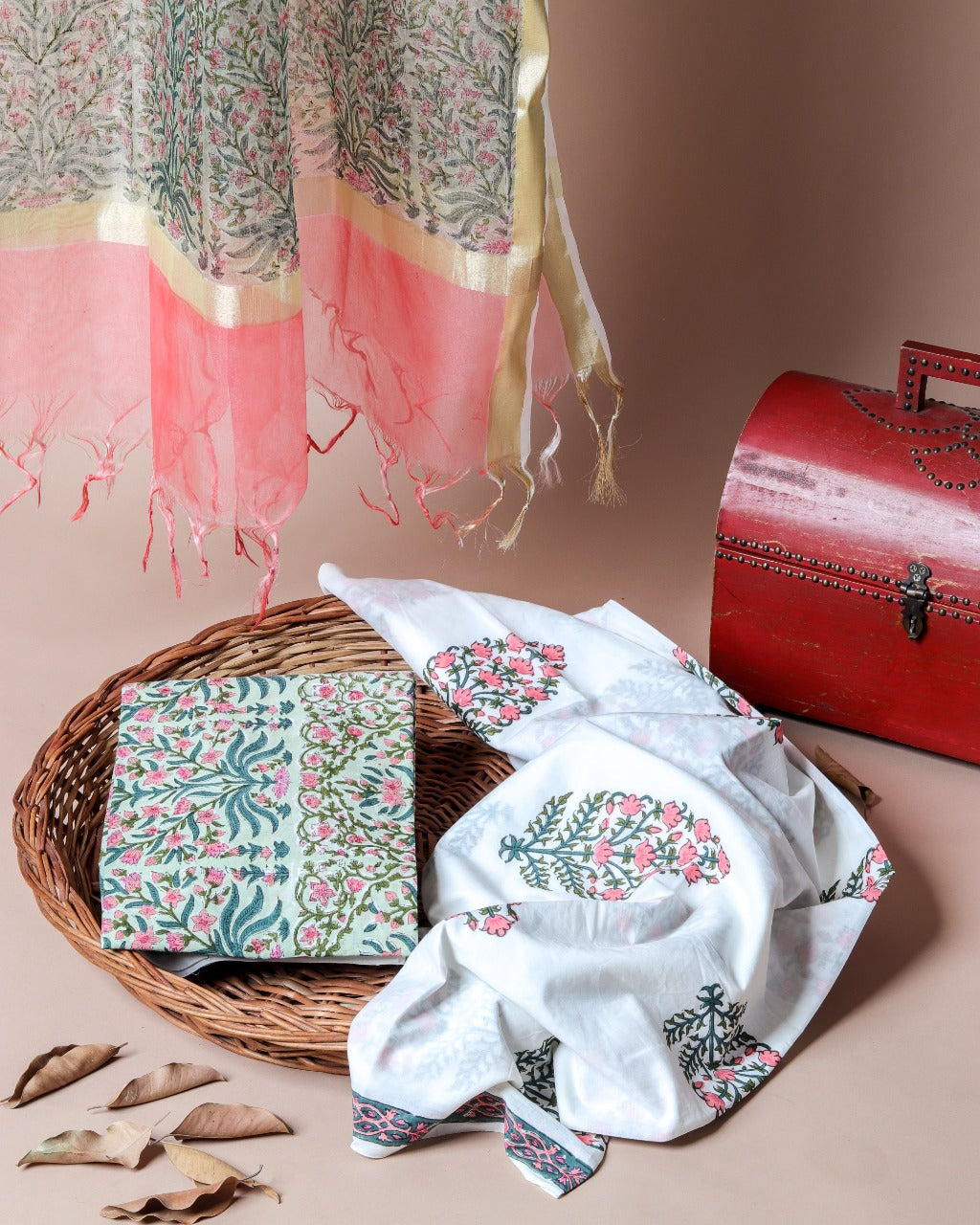 Shop Unstitched Hand Block Print Cotton Suits with Organza Dupatta (ORG41)