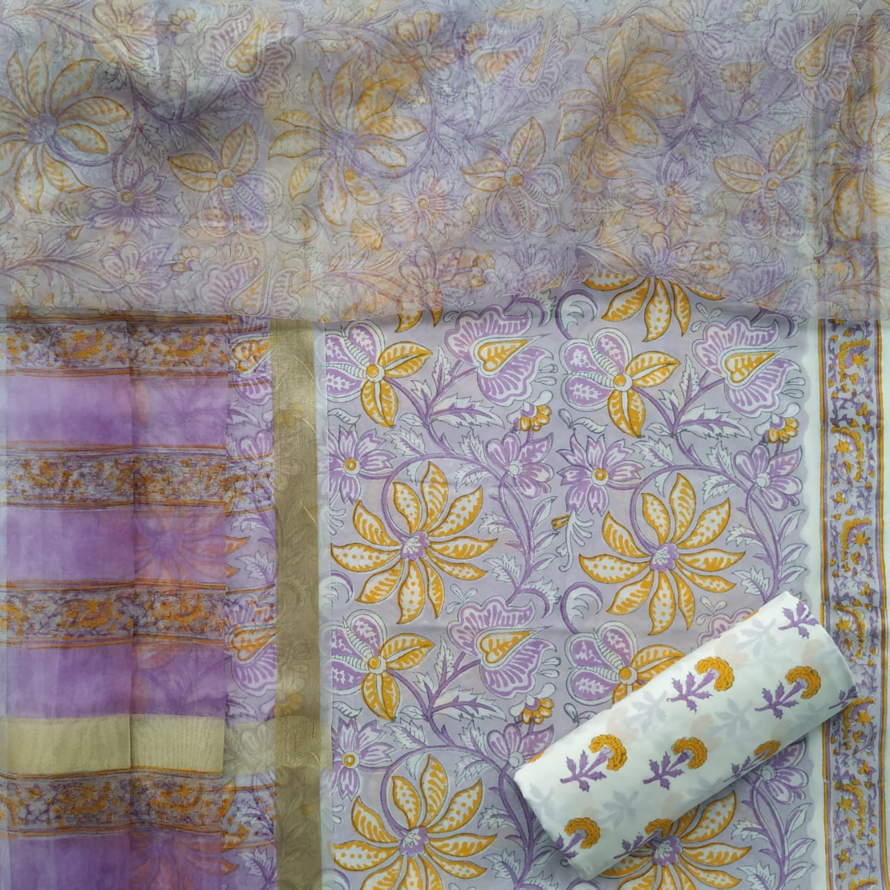 Shop Unstitched Hand Block Print Cotton Suits with Organza Dupatta (ORG43)