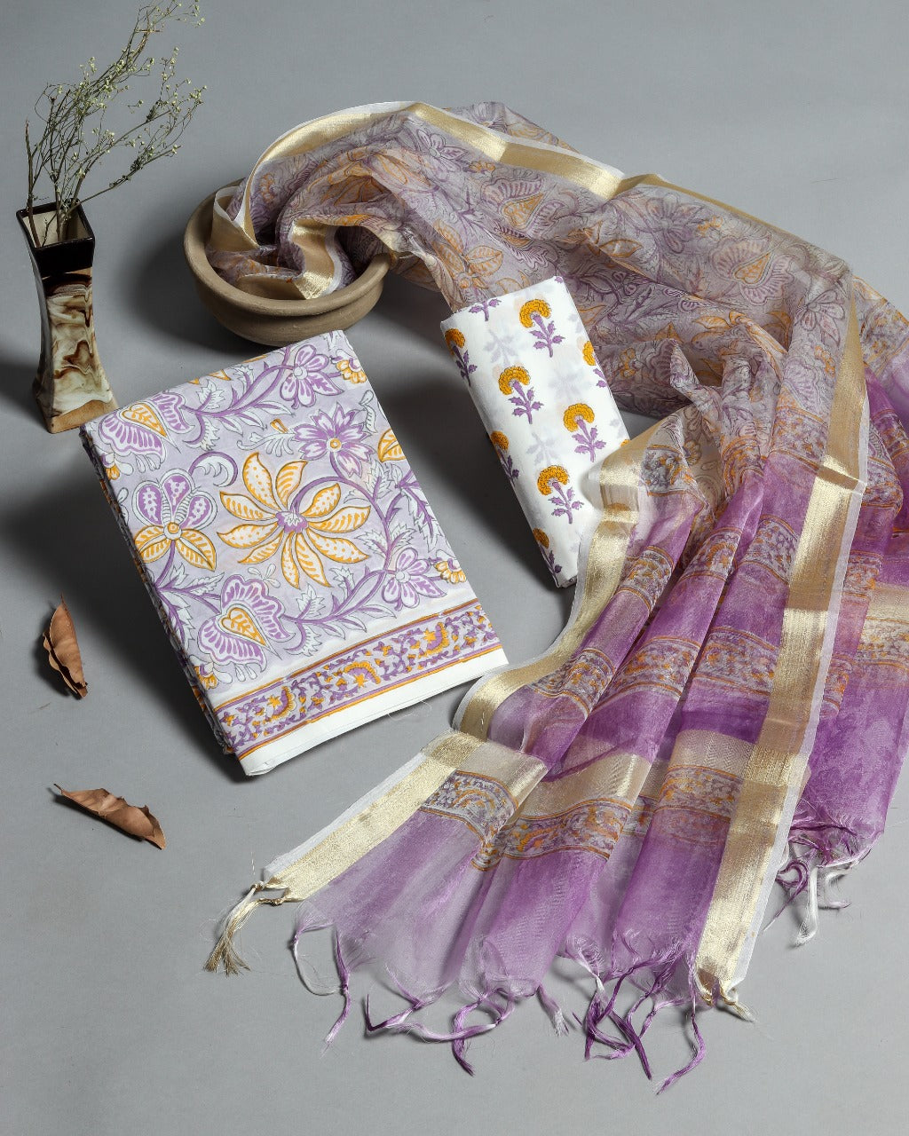 Shop Unstitched Hand Block Print Cotton Suits with Organza Dupatta (ORG43)