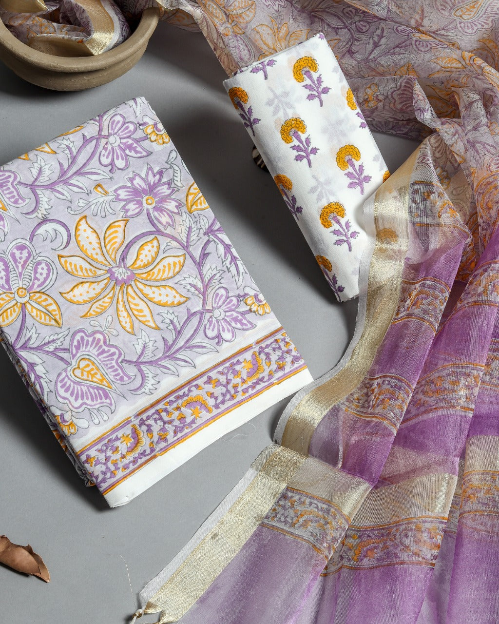 Shop Unstitched Hand Block Print Cotton Suits with Organza Dupatta (ORG43)