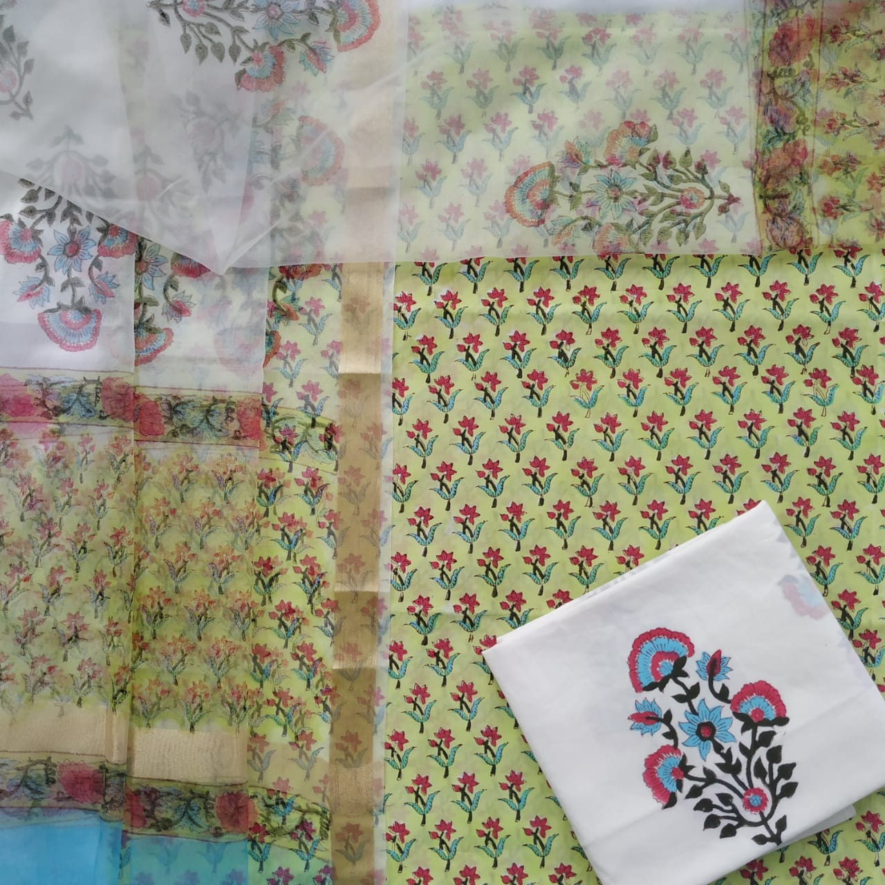 Shop Unstitched Hand Block Print Cotton Suits with Organza Dupatta (ORG44)