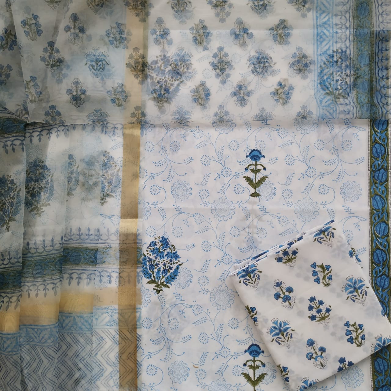 Shop Unstitched Hand Block Print Cotton Suits with Organza Dupatta (ORG45)