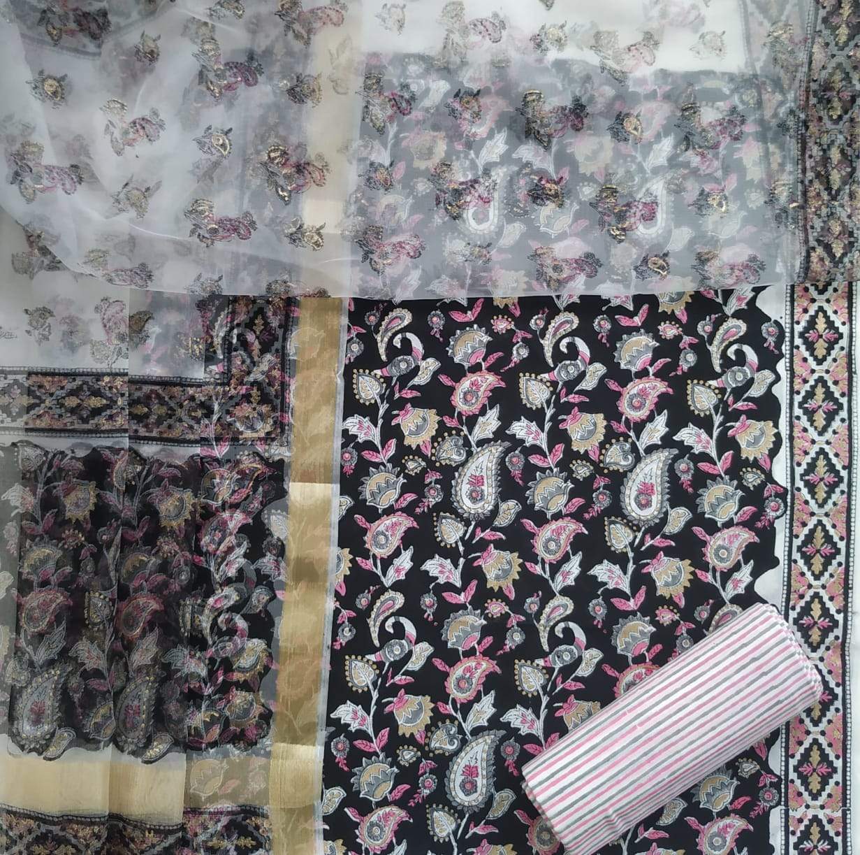 Shop Unstitched Hand Block Print Cotton Suits with Organza Dupatta (ORG46)