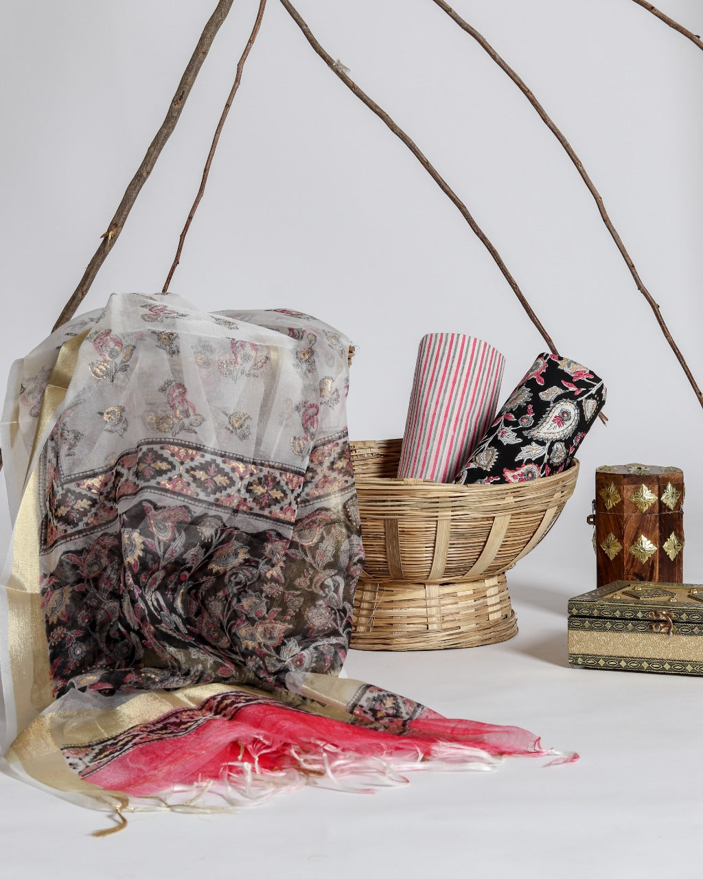 Shop Unstitched Hand Block Print Cotton Suits with Organza Dupatta (ORG46)