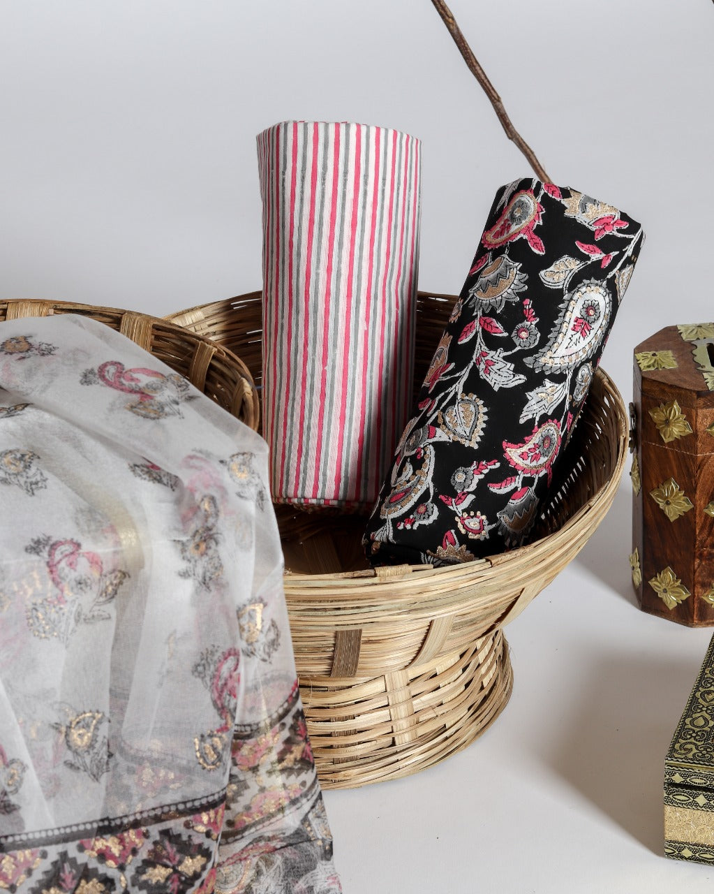 Shop Unstitched Hand Block Print Cotton Suits with Organza Dupatta (ORG46)