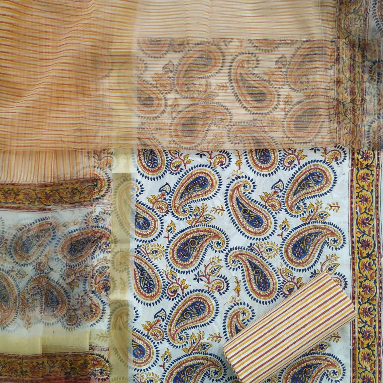 Shop Unstitched Hand Block Print Cotton Suits with Organza Dupatta (ORG47)