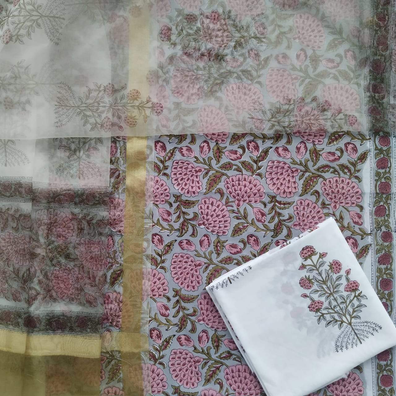 Shop Unstitched Pure Cotton Suits with Organza Dupatta (ORG52)