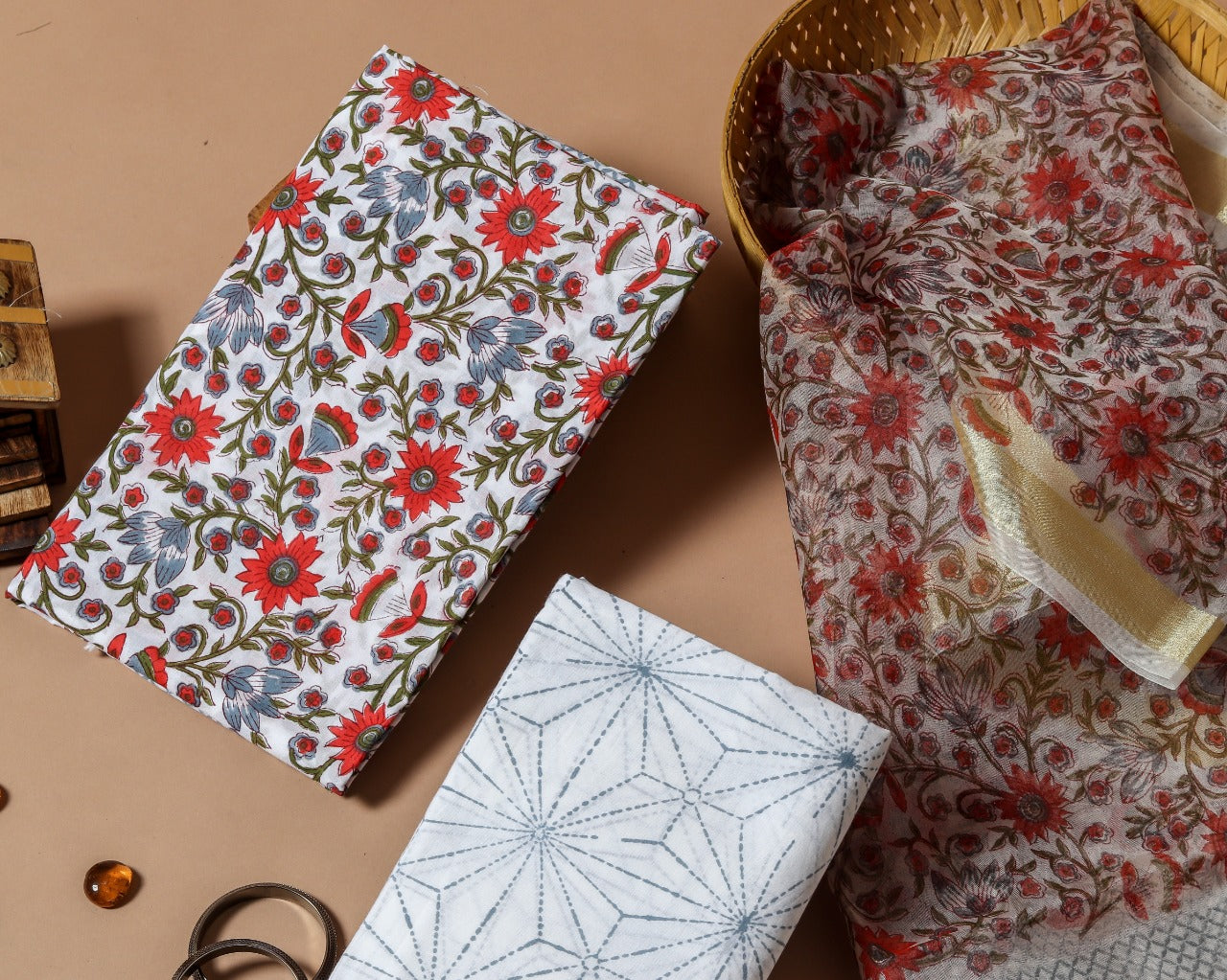 Shop Unstitched Pure Cotton Suits with Organza Dupatta (ORG55)