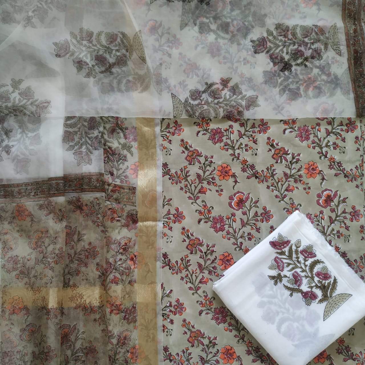 Shop Unstitched Pure Cotton Suits with Organza Dupatta (ORG56)